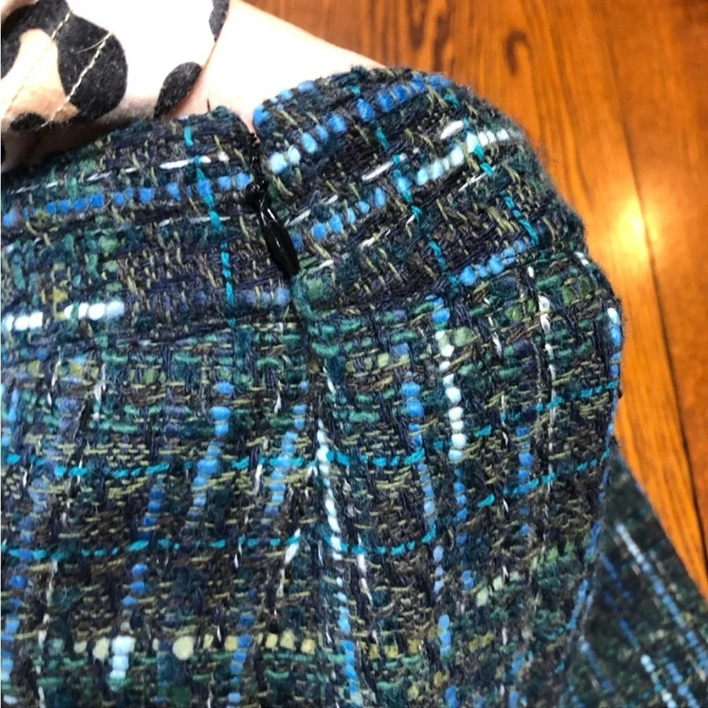 J.JILL SIZE 14 BLUE GREEN TWEED SKIRT FULLY LINED ZIPPER ON SIDE BACK SPLIT HEM